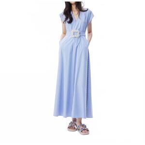 NEW THEO THE LABEL women's echo beaded belt v neck shirtdress in blue stripe